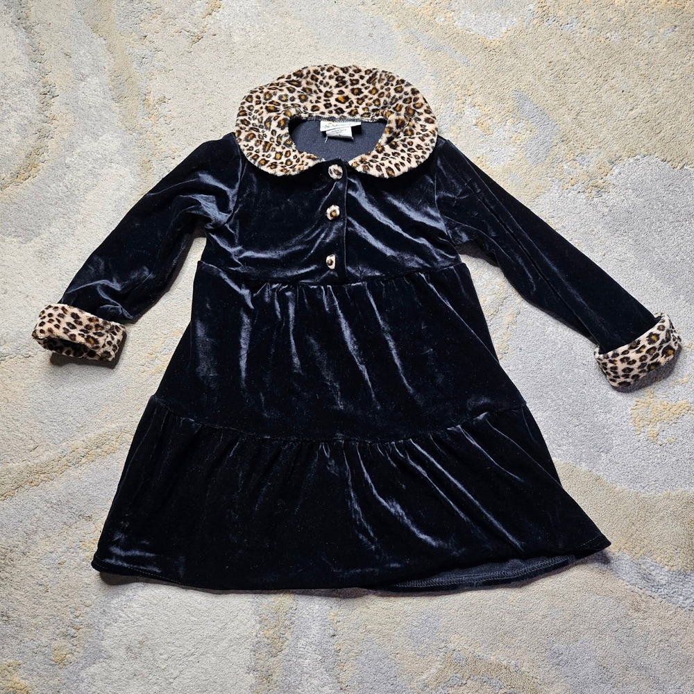 SWAT Velvet Dress Girls Size 5 Black Leopard Print Collar Cuffs Long Sleeve